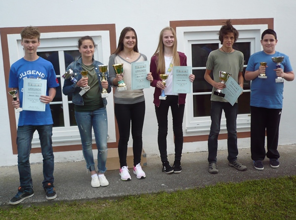 Die SiegerInnen des A-Turniers vlnr.: Benedikt BERTEL (4. Platz, 4 Pkt., 16,5 Bh.), Angelina ZHBANOVA (1. Platz, 4,5 Pkt., 17 Bh.), Belma SAKIC (18. Platz, 3 Pkt., 12,5 Bh.), Miriam WURZER (19. Platz, 3 Pkt., 12,5 Bh.), Fanninger LEON (3. Platz, 4 Pkt., 18,5 Bh.), Gor TUMANYAN (1. Platz, 4,5 Pkt., 17 Bh.)